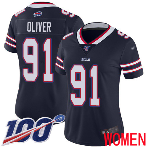 Women Buffalo Bills #91 Ed Oliver Limited Navy Blue Inverted Legend 100th Season NFL Jersey